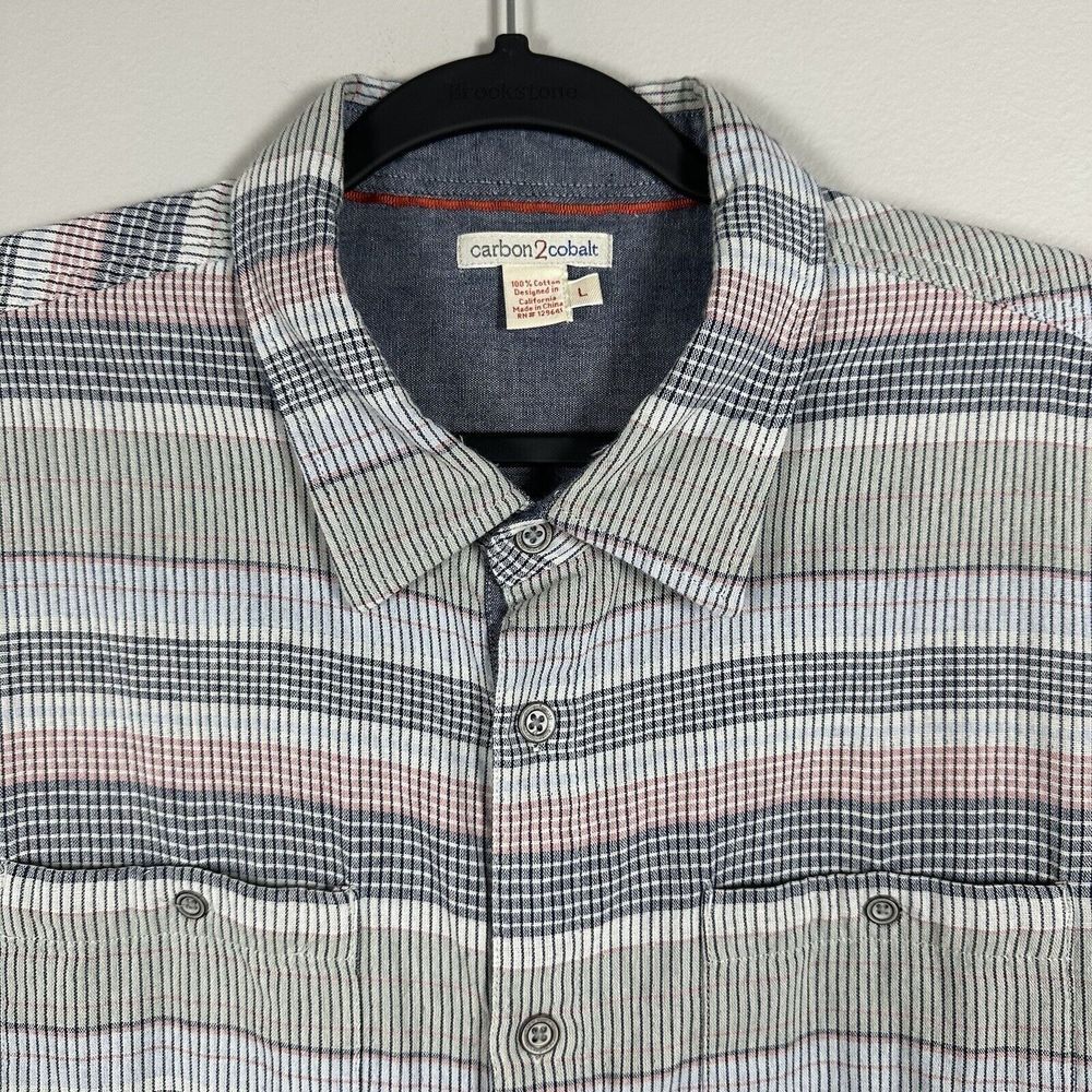 Carbon 2 Cobalt Large Green Blue Woven Stripe 100% Cotton Short Sleeve Button Up - Picture 3 of 4